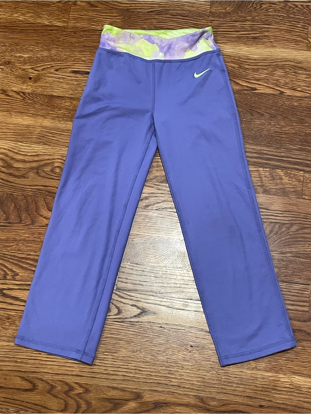 Nike Girls' Purple Athletic Leggings with Yellow Tie-Dye Waistband
